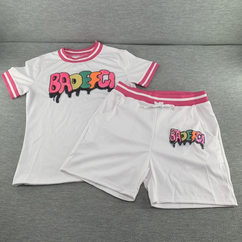 Women White Bodycon Shirts & Shorts with Sequined Front Logo Set Size XL (A41)